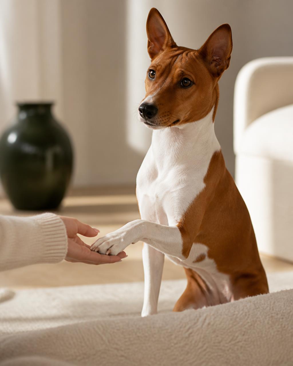 Freundlicher Basenji-Hund gibt Pfote – Solamarkt Hundebedarf aus Deutschland